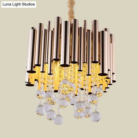 Modernist 6-Light Slim Tube Chandelier In Gold/Rose Red Finish With Crystal Ball Accents