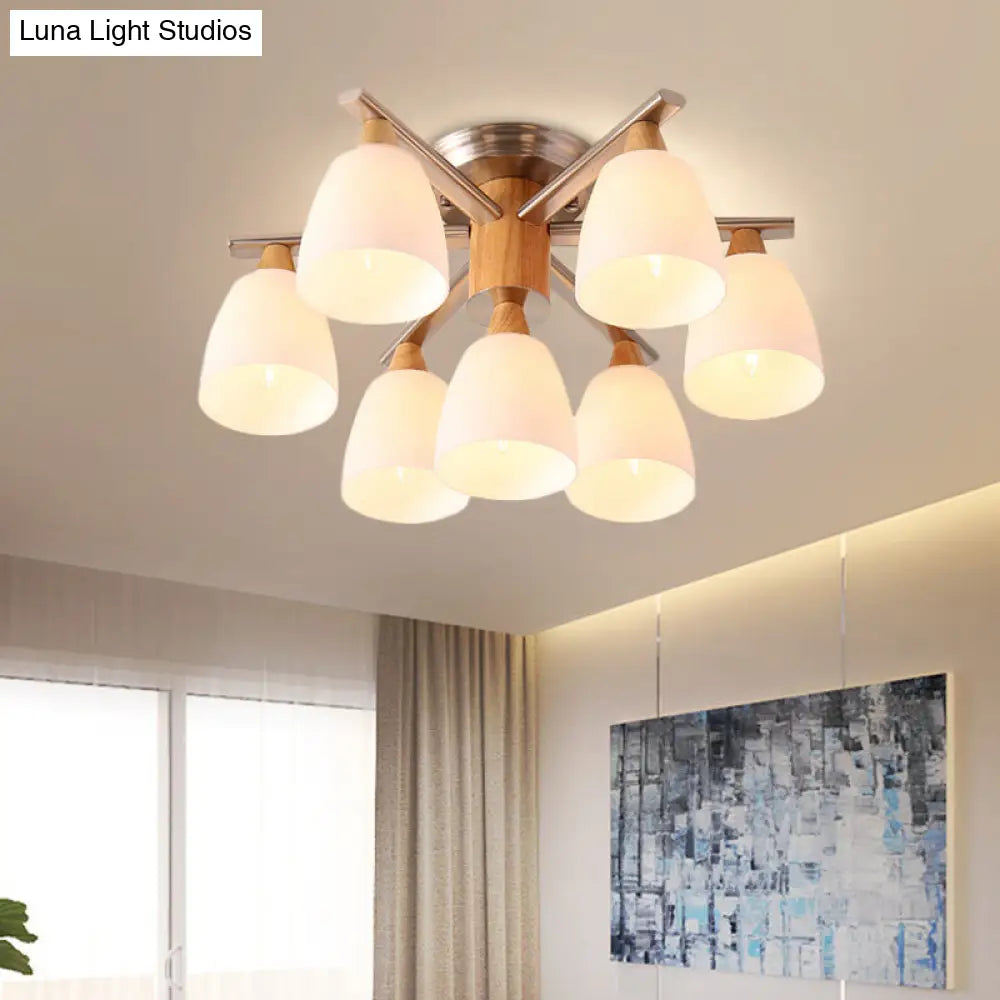 Modernist 7-Light Semi Flush Chrome And Wood Cup Ceiling Lamp With Opal Glass Shade