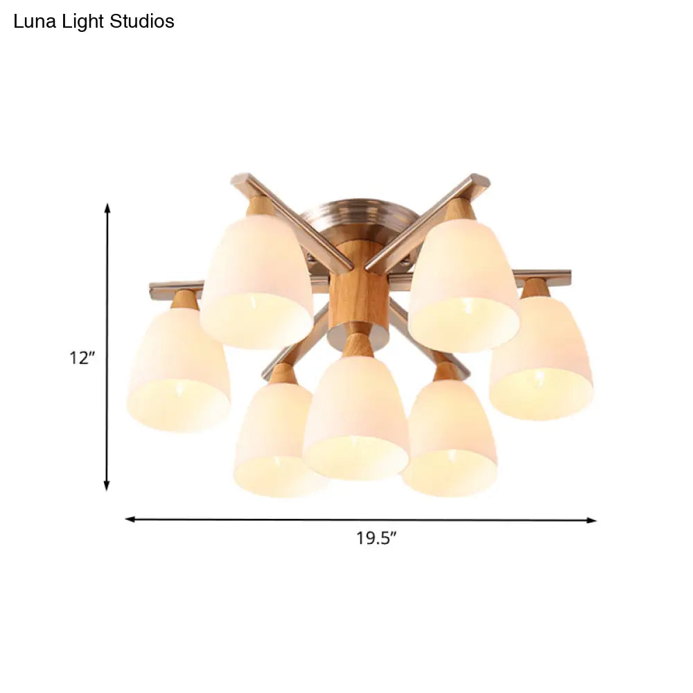 Modernist 7-Light Semi Flush Chrome And Wood Cup Ceiling Lamp With Opal Glass Shade