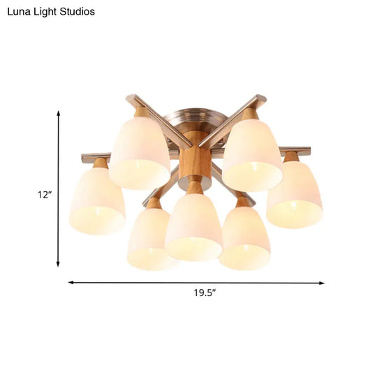 Modernist 7-Light Semi Flush Chrome And Wood Cup Ceiling Lamp With Opal Glass Shade
