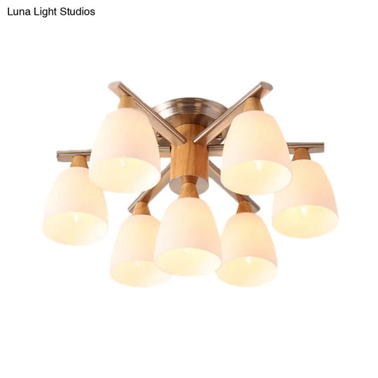 Modernist 7-Light Semi Flush Chrome And Wood Cup Ceiling Lamp With Opal Glass Shade