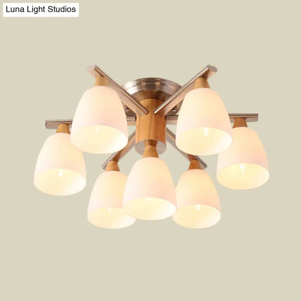 Modernist 7-Light Semi Flush Chrome And Wood Cup Ceiling Lamp With Opal Glass Shade