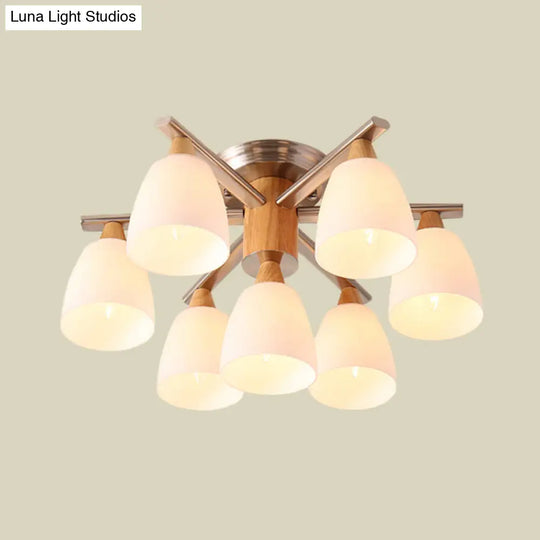 Modernist 7-Light Semi Flush Chrome And Wood Cup Ceiling Lamp With Opal Glass Shade