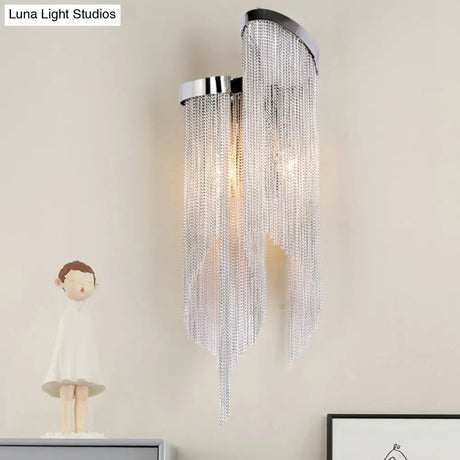 Modernist Aluminum Wall Light Sconce With Tassel Chain - 2 Bulbs Mounted Lamp For Living Room