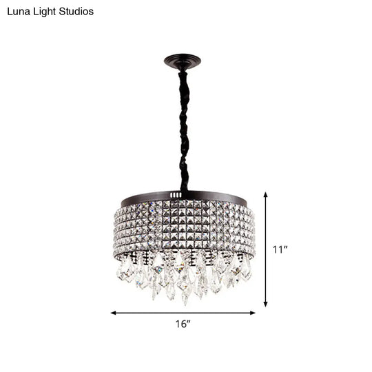 Modernist Black Crystal Drum Chandelier - 5-Light Suspension Lamp With Droplet Stylishly Encrusted