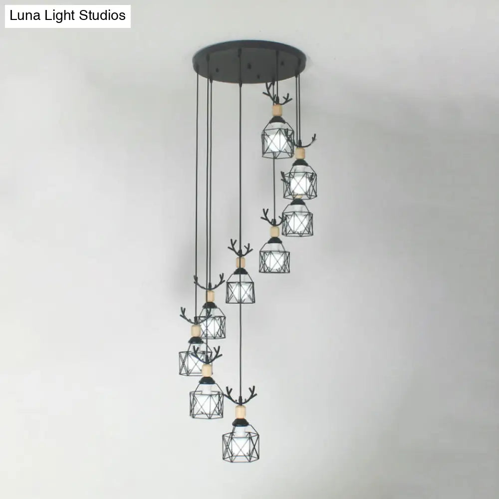 Modernist Black Hexagon Cage Pendant Lamp With Spiral Metal Design
