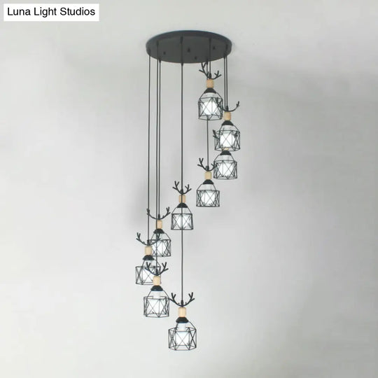 Modernist Black Hexagon Cage Pendant Lamp With Spiral Metal Design