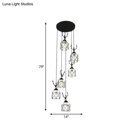 Modernist Black Hexagon Cage Pendant Lamp With Spiral Design - Metal Multiple Hanging Light