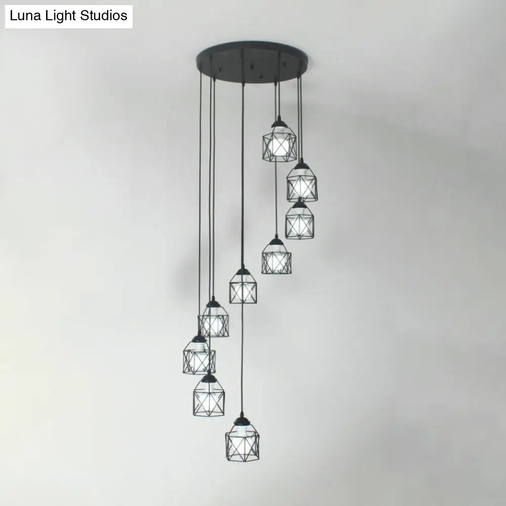Modernist Black Hexagon Cage Pendant Lamp With Spiral Design - Metal Multiple Hanging Light