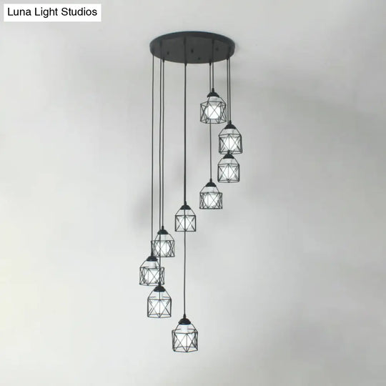 Modernist Black Hexagon Cage Pendant Lamp With Spiral Design - Metal Multiple Hanging Light