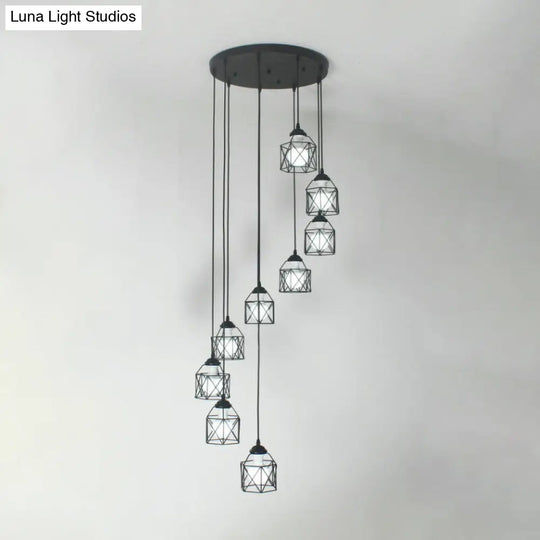 Modernist Black Hexagon Cage Pendant Lamp With Spiral Metal Design