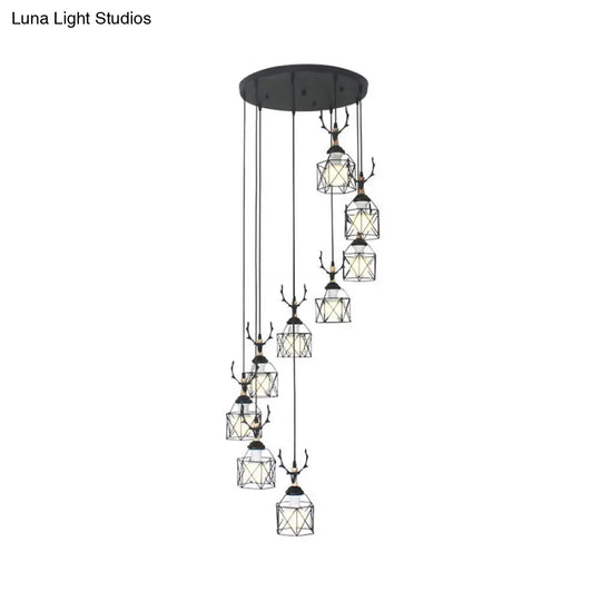 Modernist Black Hexagon Cage Pendant Lamp With Spiral Design - Metal Multiple Hanging Light