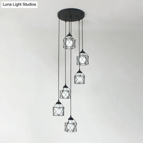 Modernist Black Hexagon Cage Pendant Lamp With Spiral Design - Metal Multiple Hanging Light