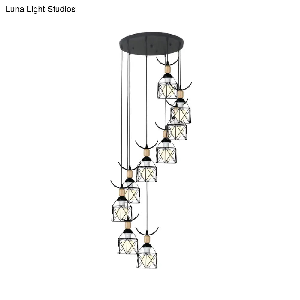 Modernist Black Hexagon Cage Pendant Lamp With Spiral Design - Metal Multiple Hanging Light