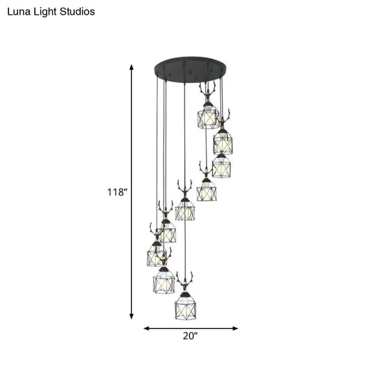 Modernist Black Hexagon Cage Pendant Lamp With Spiral Metal Design