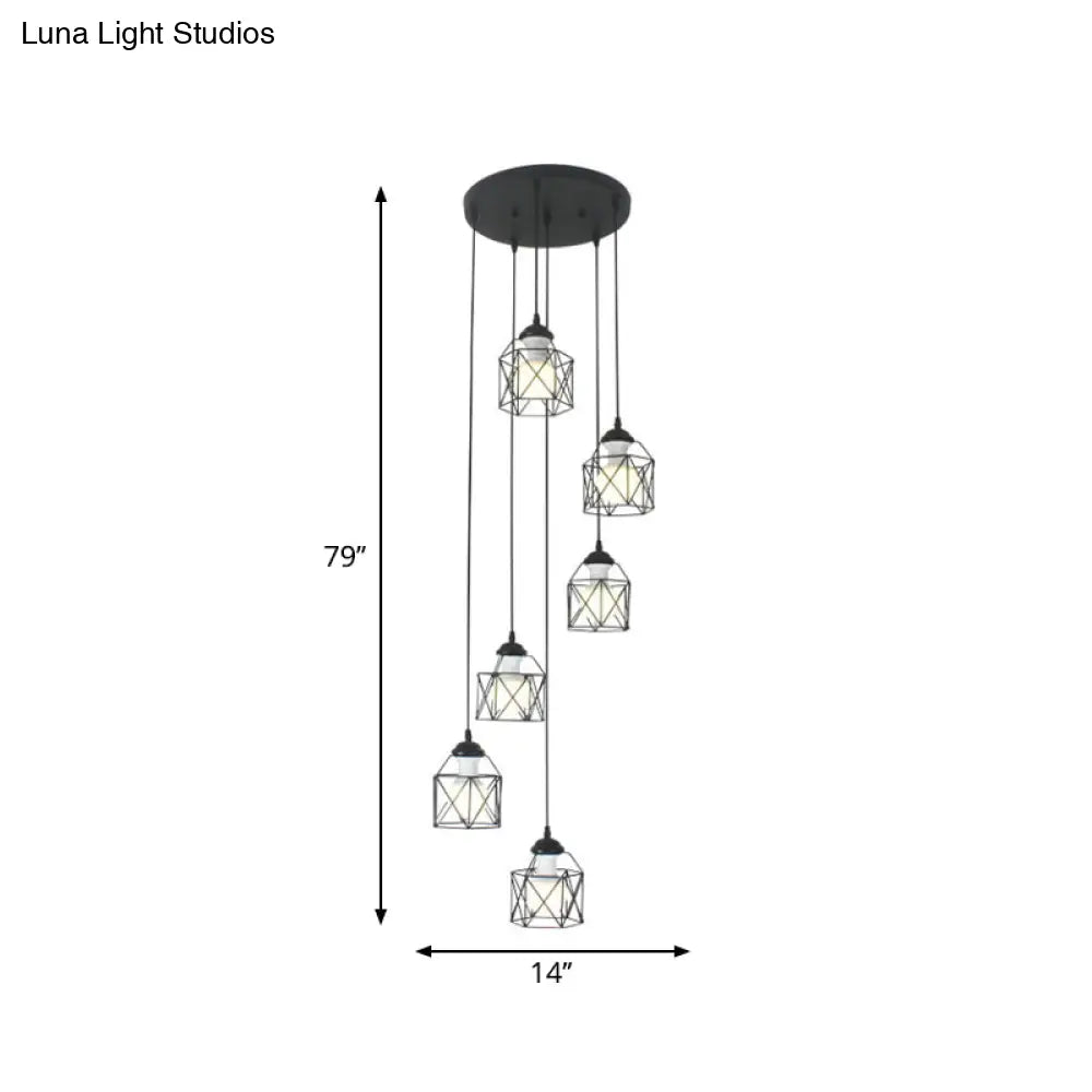 Modernist Black Hexagon Cage Pendant Lamp With Spiral Design - Metal Multiple Hanging Light