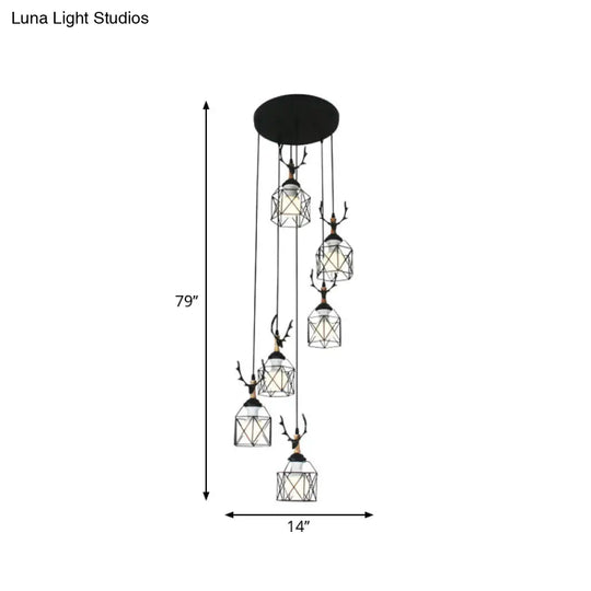 Modernist Black Hexagon Cage Pendant Lamp With Spiral Design - Metal Multiple Hanging Light