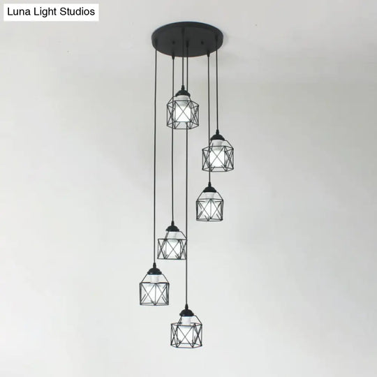 Modernist Black Hexagon Cage Pendant Lamp With Spiral Design - Metal Multiple Hanging Light