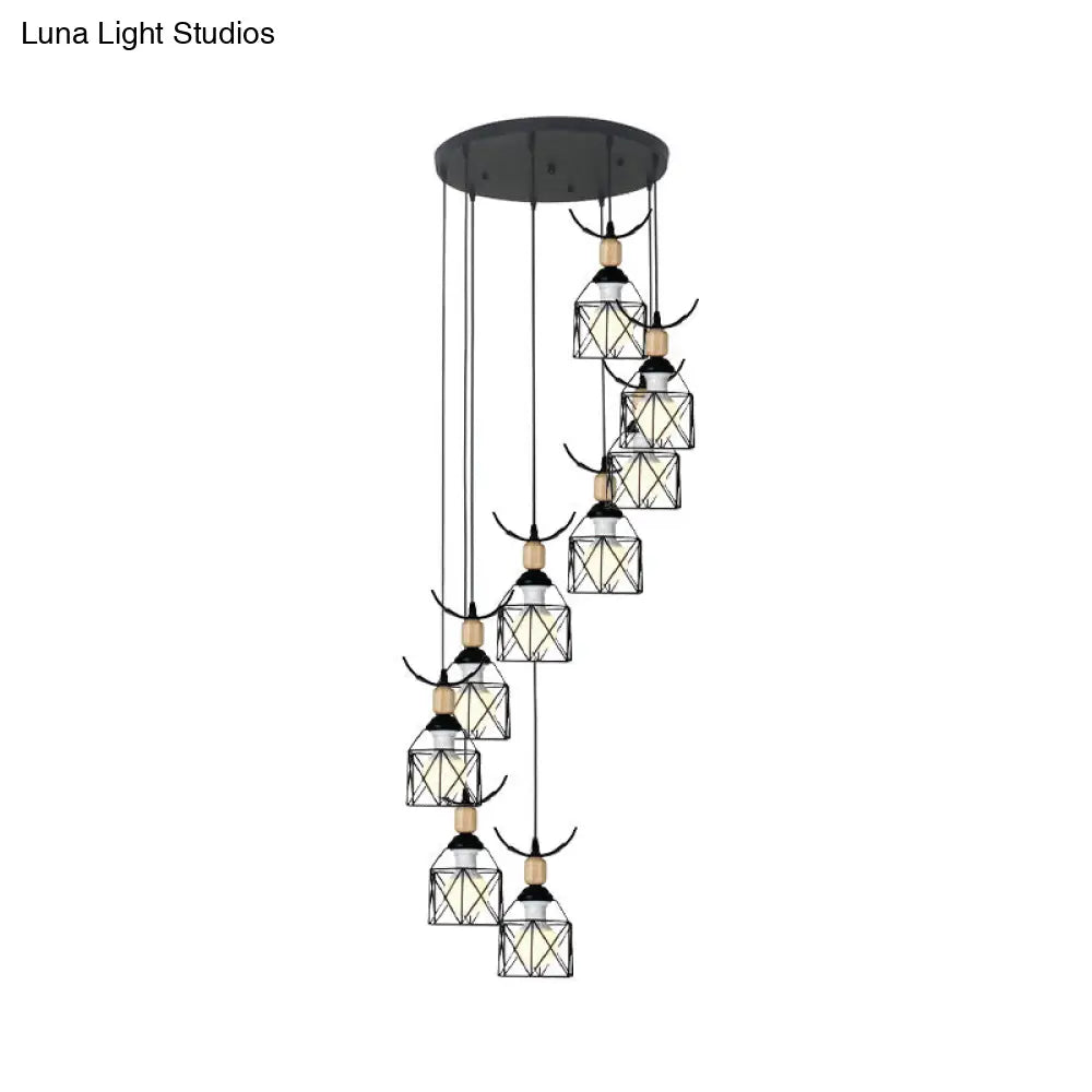 Modernist Black Hexagon Cage Pendant Lamp With Spiral Metal Design