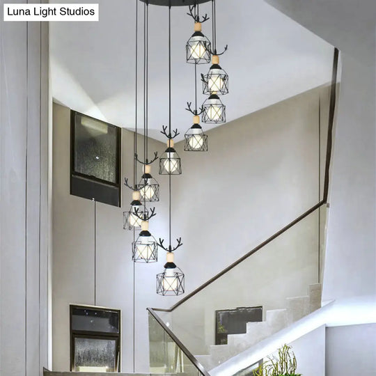 Modernist Black Hexagon Cage Pendant Lamp With Spiral Metal Design