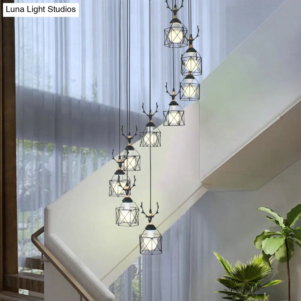 Modernist Black Hexagon Cage Pendant Lamp With Spiral Metal Design 9 / C