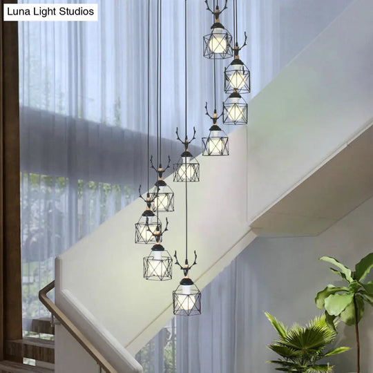 Modernist Black Hexagon Cage Pendant Lamp With Spiral Metal Design 9 / C