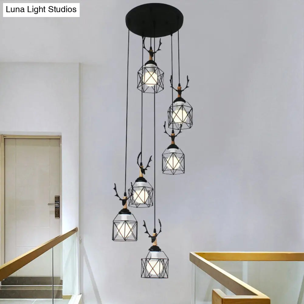Modernist Black Hexagon Cage Pendant Lamp With Spiral Metal Design