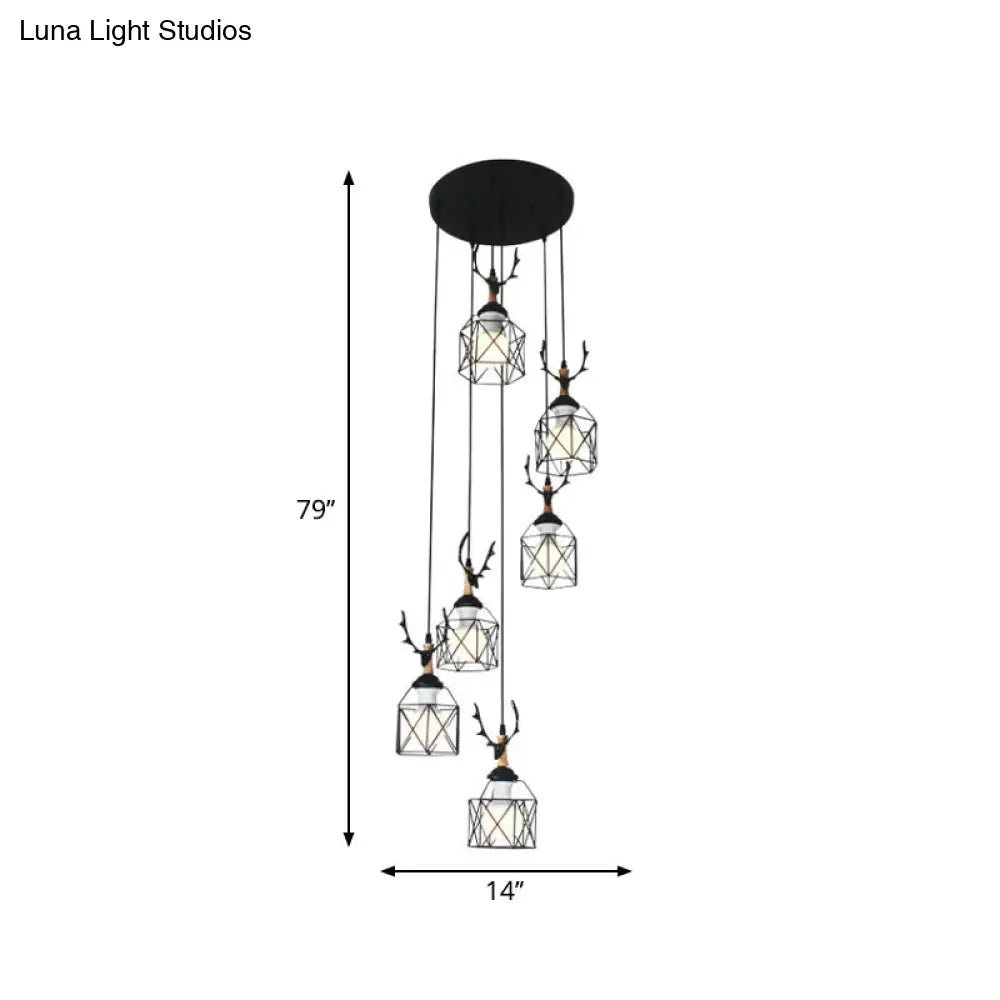Modernist Black Hexagon Cage Pendant Lamp With Spiral Metal Design