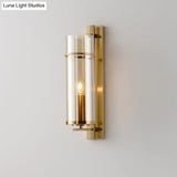 Modernist Brass Wall Lamp With Tubular Cognac/Water Blue Glass Shade - Bedroom Sconce Light Fixture