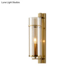 Modernist Brass Wall Lamp With Tubular Cognac/Water Blue Glass Shade - Bedroom Sconce Light Fixture