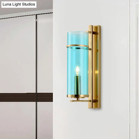 Modernist Brass Wall Lamp With Tubular Cognac/Water Blue Glass Shade - Bedroom Sconce Light Fixture