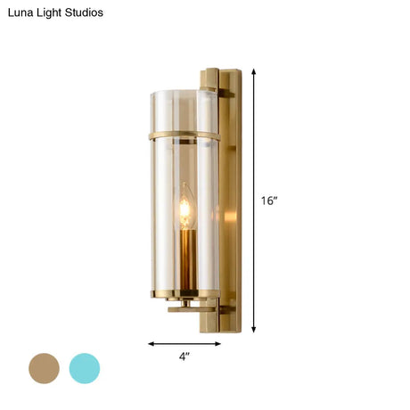 Modernist Brass Wall Lamp With Tubular Cognac/Water Blue Glass Shade - Bedroom Sconce Light Fixture
