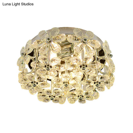 Modernist Chrome Blossom Flush Mount Lighting - 4 Bulbs Clear/Amber Crystal Ceiling Light
