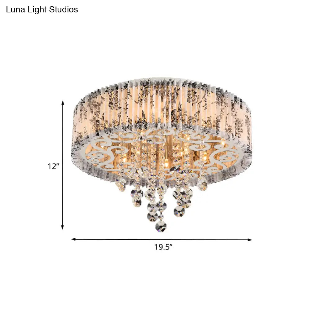 Modernist Circle Flush Ceiling Light: 5 - Bulb Pleated Fabric Flushmount With Crystal Draping –