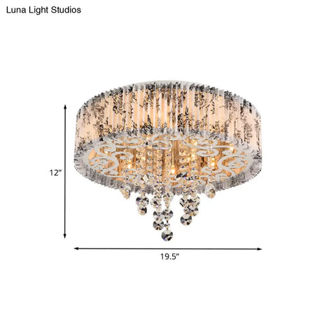 Modernist Circle Flush Ceiling Light: 5 - Bulb Pleated Fabric Flushmount With Crystal Draping –