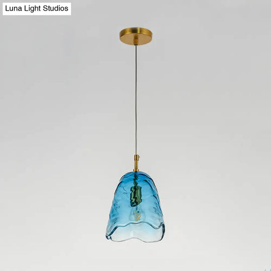 Modern Scalloped Glass Pendant Lamp In Clear/Blue With Brass Finish - Perfect For Open Kitchen