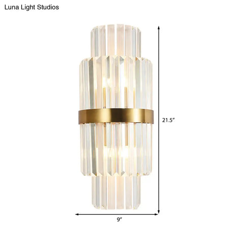 Modernist Clear Crystal Cylinder Wall Lighting Fixture - 2 Lights Golden Sconce Lamp (18/21.5