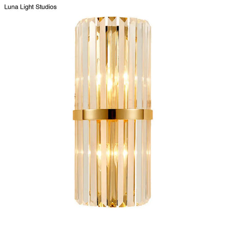 Modernist Clear Crystal Cylinder Wall Lighting Fixture - 2 Lights Golden Sconce Lamp (18/21.5