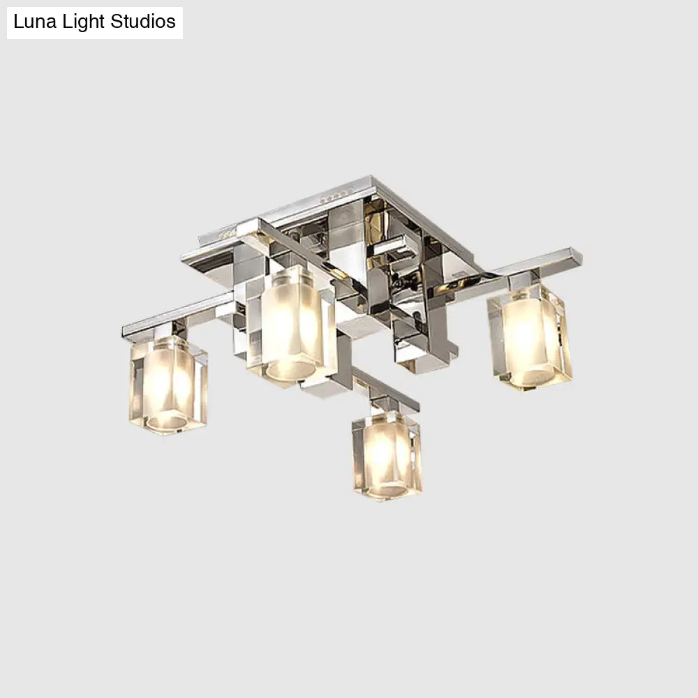 Modernist Clear Glass Flush Ceiling Lamp - Cuboid Semi Light Fixture With 4 Chrome Finish Heads