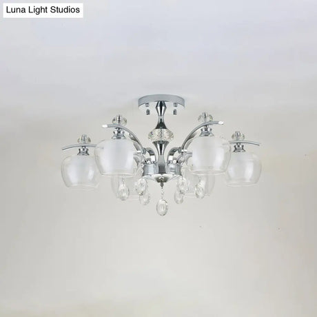 Modernist Clear Glass Sputnik Semi Flushmount - 6 Heads Chrome Flush For Living Room With Crystal