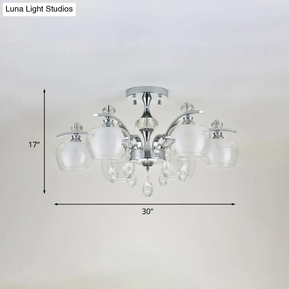 Modernist Clear Glass Sputnik Semi Flushmount - 6 Heads Chrome Flush For Living Room With Crystal