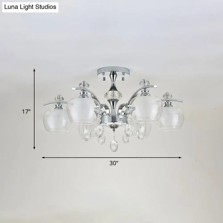 Modernist Clear Glass Sputnik Semi Flushmount - 6 Heads Chrome Flush For Living Room With Crystal