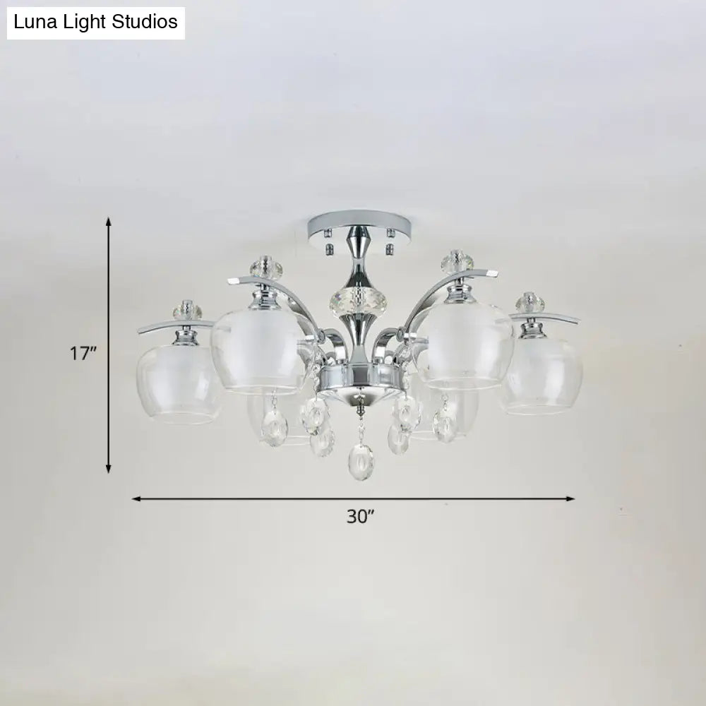 Modernist Clear Glass Sputnik Semi Flushmount - 6 Heads Chrome Flush For Living Room With Crystal