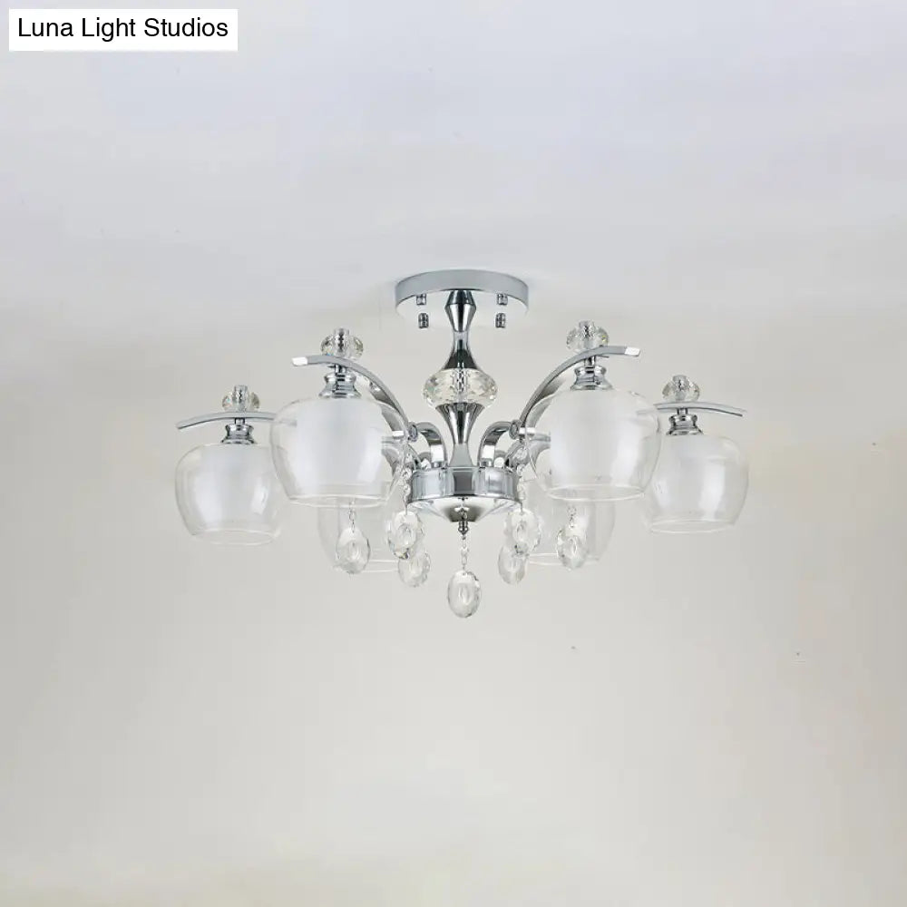 Modernist Clear Glass Sputnik Semi Flushmount - 6 Heads Chrome Flush For Living Room With Crystal