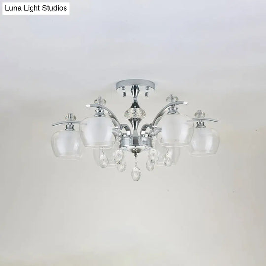 Modernist Clear Glass Sputnik Semi Flushmount - 6 Heads Chrome Flush For Living Room With Crystal