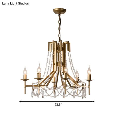 Modernist Crystal Beaded Chandelier Lamp - 6 Head Brass Hanging Light Fixture With Metal Arm