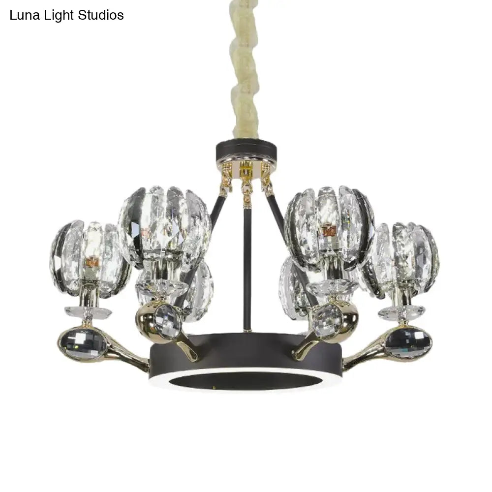 Modernist Crystal Suspension Light: 6-Headed Bud-Shaped Black Chandelier