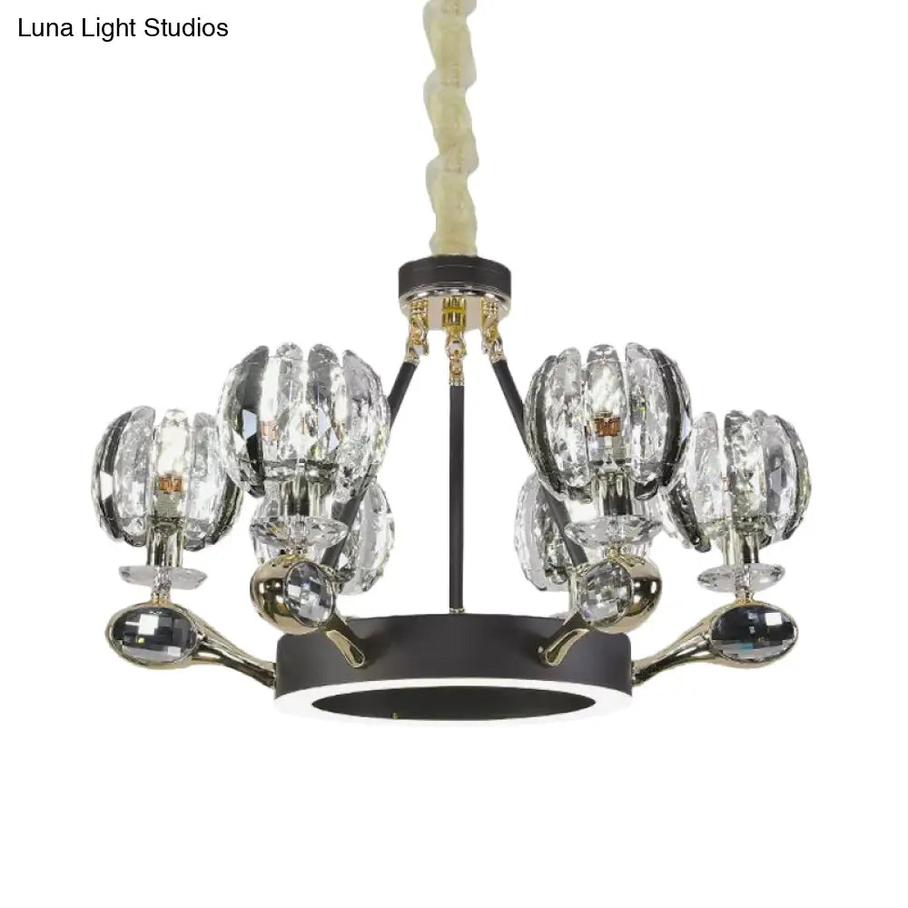 Modernist Crystal Bud Suspension Light - 6 Head Black Chandelier