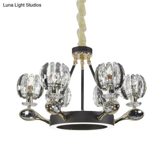 Modernist Crystal Bud Suspension Light - 6 Head Black Chandelier