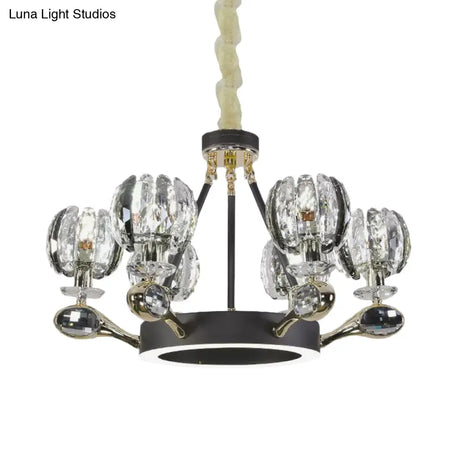 Modernist Crystal Bud Suspension Light - 6 Head Black Chandelier